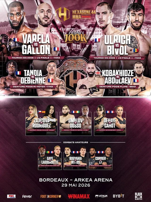 Affiche officielle HEXAGONE MMA 44 à Bordeaux le 29 mai 2026